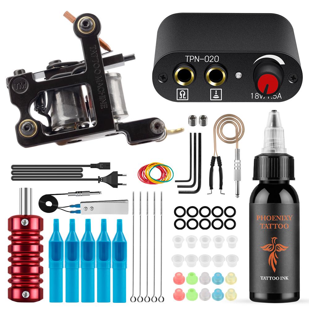 PHOENIXY Starter Tattoo Machines Gun с 30 мл чернилами, пигментом, источником питания для татуировки, традиционные игольчатые ручки для татуировки, инструменты для боди-арта, полный комплект