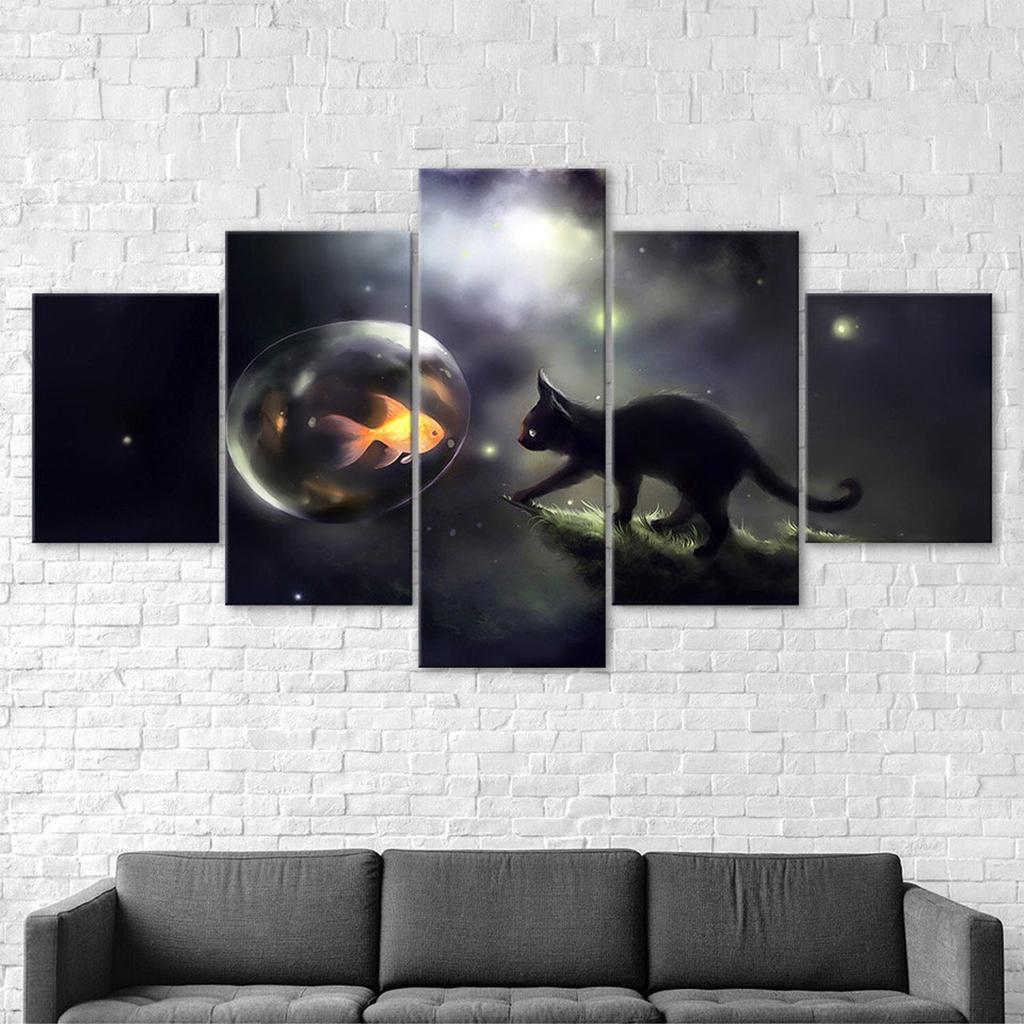 Black Cat Reaching Fish Bowl Goldfish 5 Piece Five Panel Wall Canvas Print Modern Art Poster Picture Home Decor Gift For Him For Her