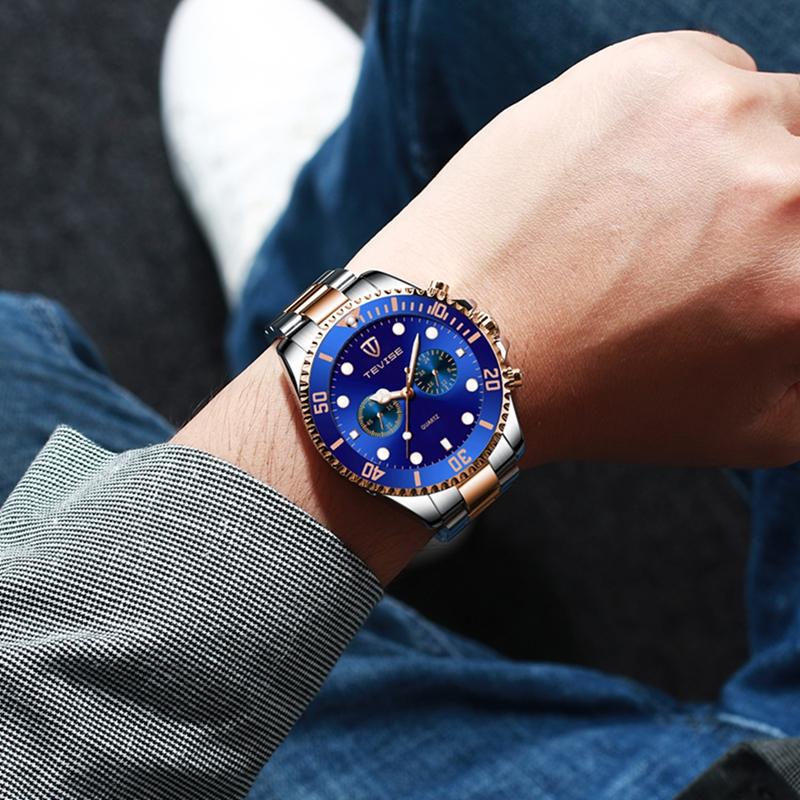 Tevise Мужские Бизнес-часы Нержавеющая сталь Кварцевые часы Дата Модные Повседневные часы Сапфировое стекло Часы
