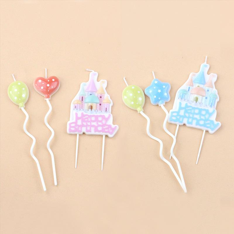 New Children's Birthday Baking Cake Decoration Cute Cartoon Castle Shape Pink Blue Balloon Candle