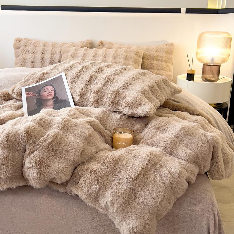Winter light luxury imitation rabbit velvet four-piece set milk velvet double-sided velvet bed thickened velvet bed sheet quilt cover new