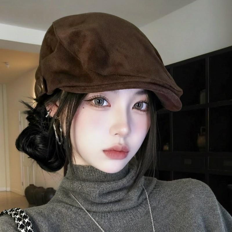Suede Beret Cap Women Vintage Flat Brim Hat Face Slimming Casual Wear