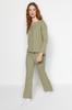 Women's Fashion New Pajama Set Green Waffle Tshirt-Pants Knitted Pajama Set