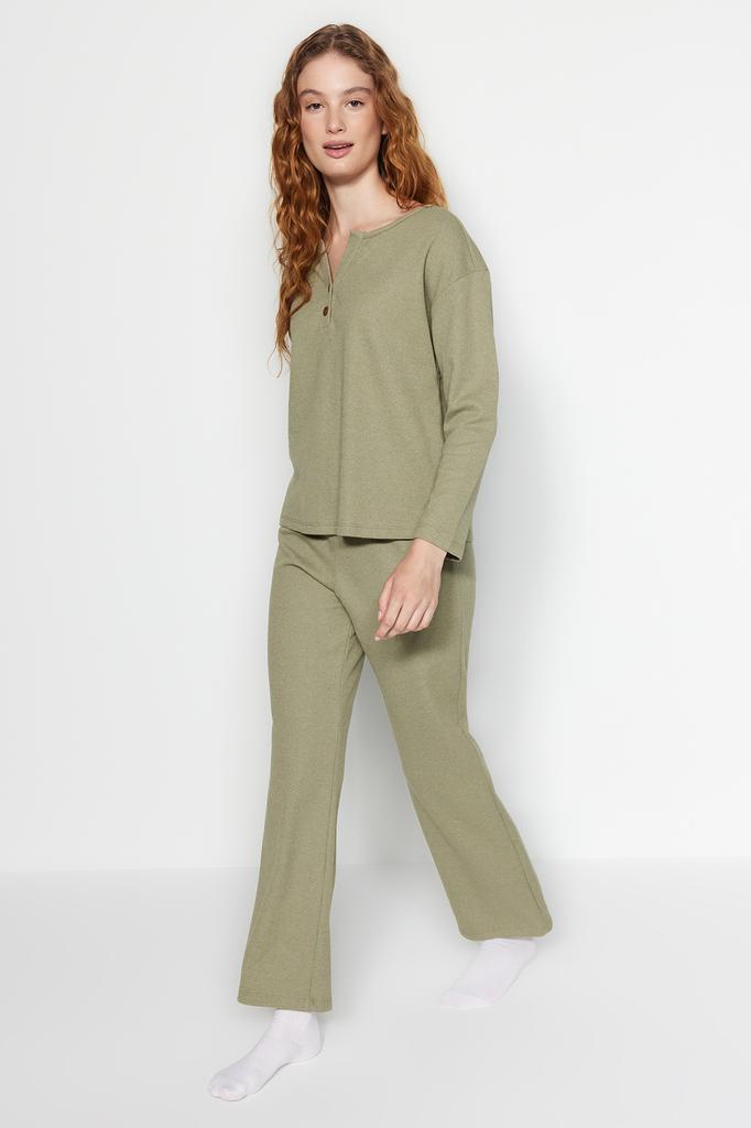 Women's Fashion New Pajama Set Green Waffle Tshirt-Pants Knitted Pajama Set