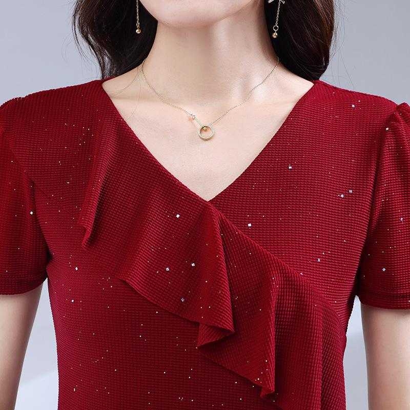 Футболка с короткими рукавами и V-образным вырезом, оборками, женская летняя, облегающая, однотонная, из высокоэластичной сетки, топы Blusas
