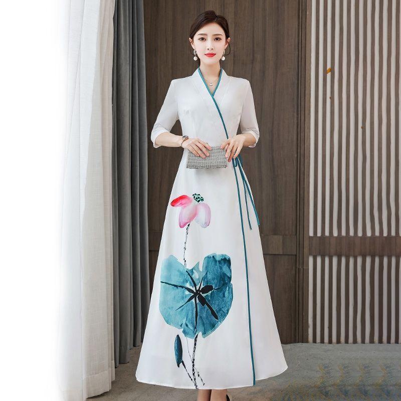 Платье в китайском стиле, со шнуровкой и рукавами в пять точек, модифицированное платье