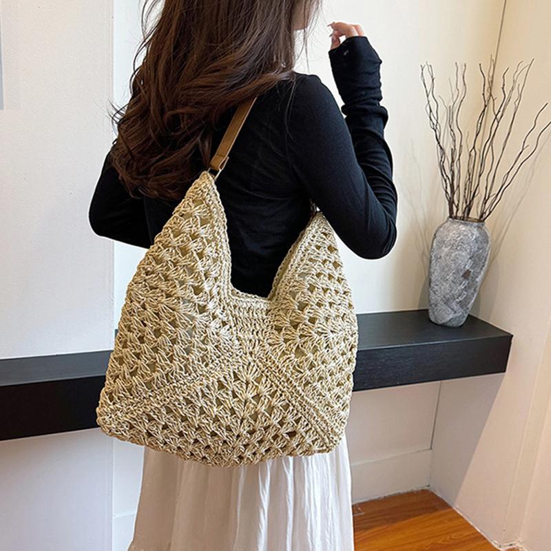 Летняя соломенная вязаная сумка, ажурная сумка-тоут, однотонная пляжная сумка через плечо, праздничная дорожная сумка, сумка через плечо в стиле бохо для женщин