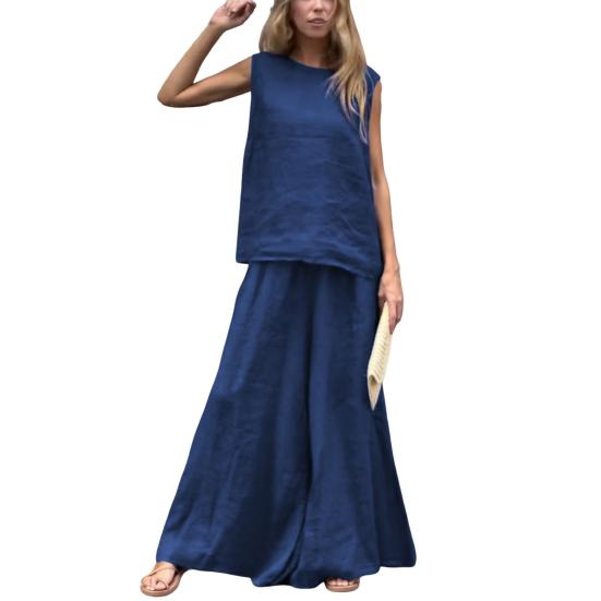 Женский летний комплект из 2 предметов: майка без рукавов, широкие брюки, повседневный комплект из льна и хлопка для отдыха на пляже