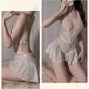 Sexy Crotchless White Underwear Women Lace Hollow Bra Set Erotic Costume Teddy Baby Doll Dress Deep V Open Bra Porn Lingerie Set