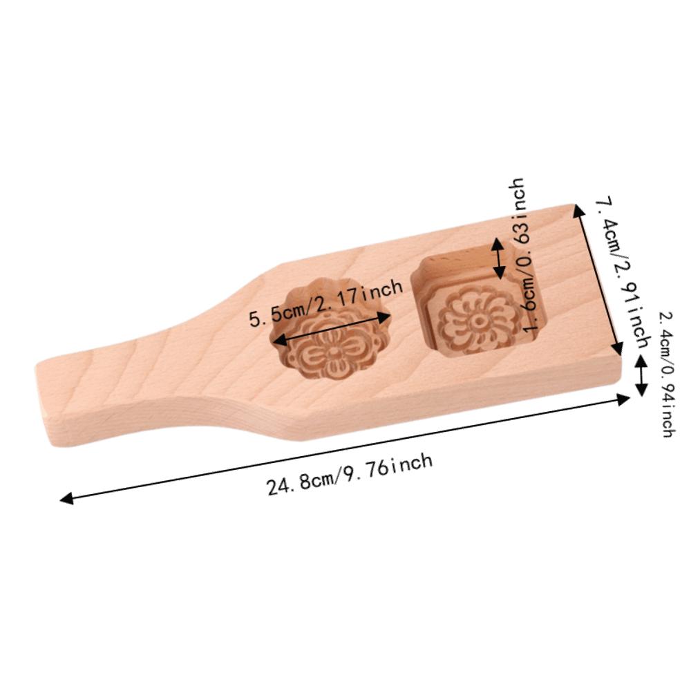 Traditional Wood Mooncake Mold Two Hole Flower Pattern Chinese Cookie Stamp Long Handle Carved Pastry Baking Mold Cake Mung Bean