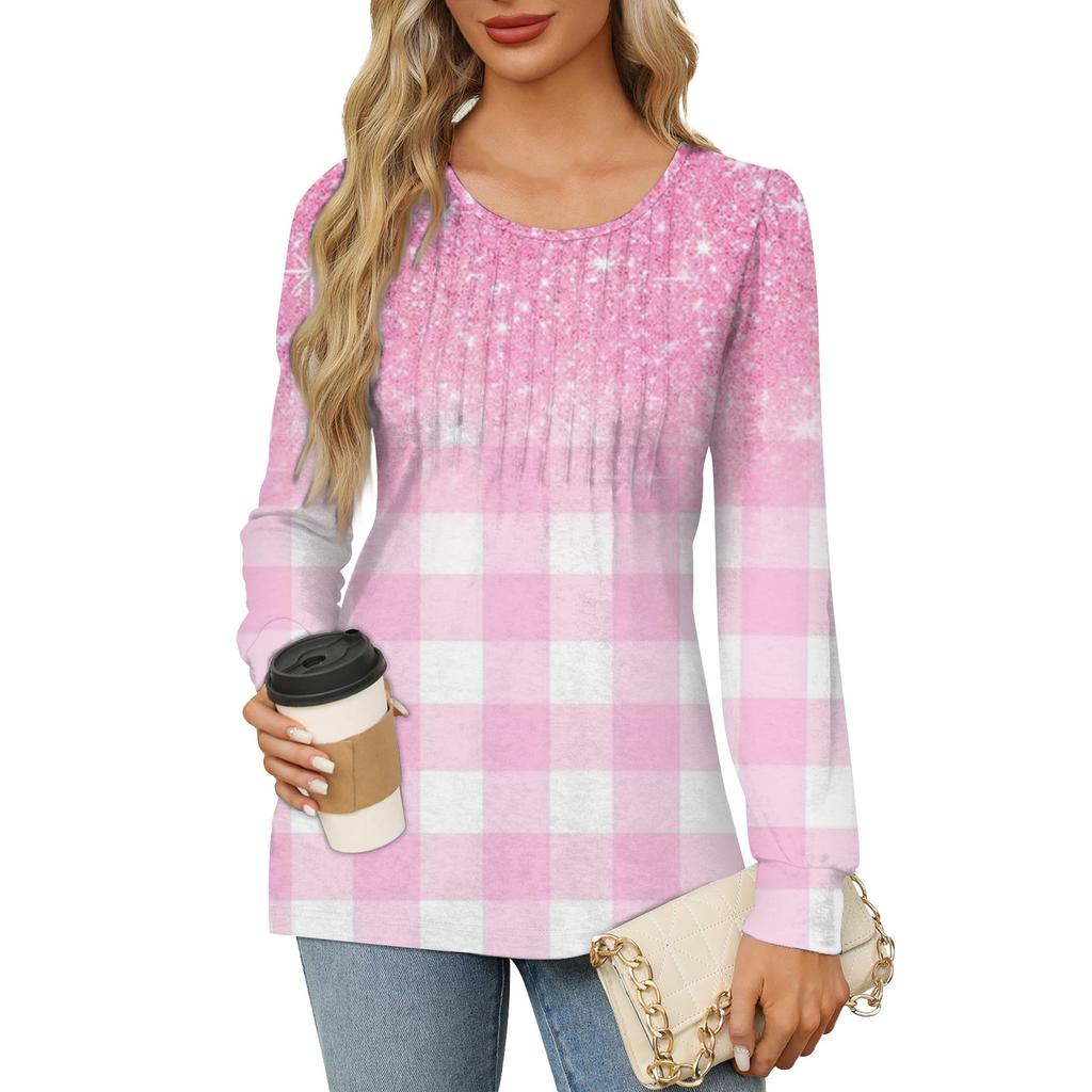 Женская повседневная плиссированная футболка с круглым вырезом и длинными рукавами с принтом