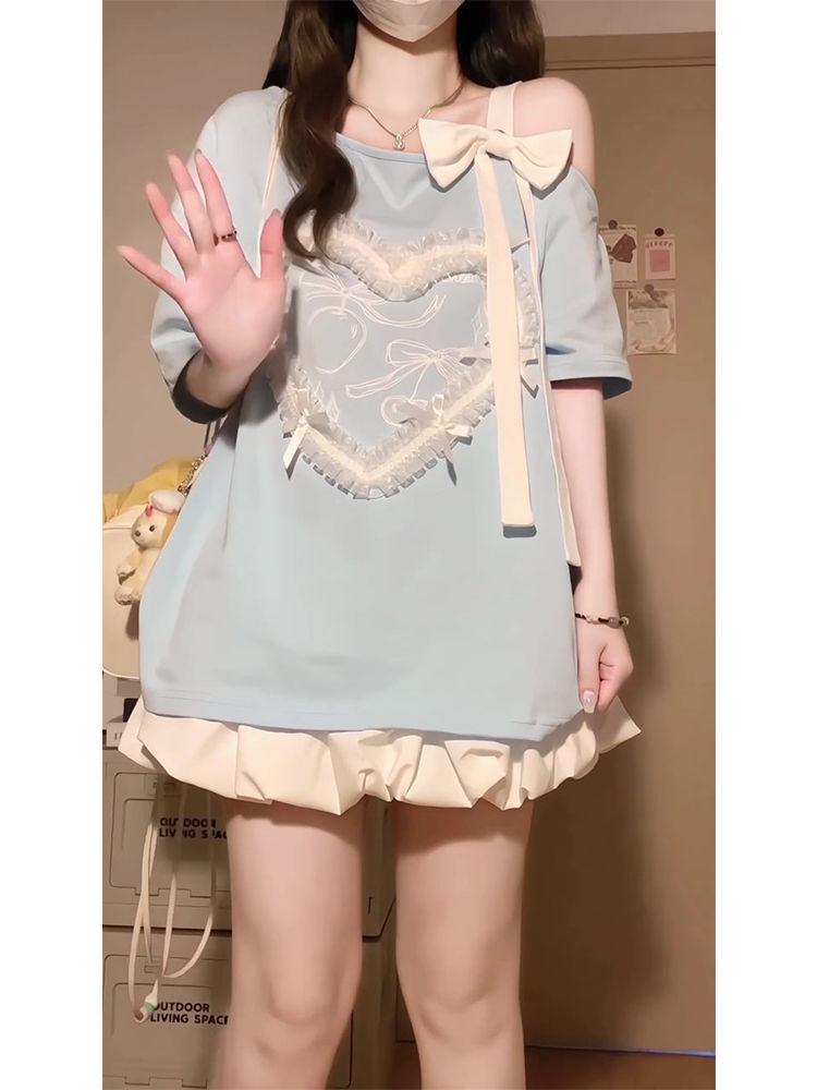 Chic One-Shoulder Lace Bow Cotton T-Shirt - Summer Short-Sleeve Loose Fit