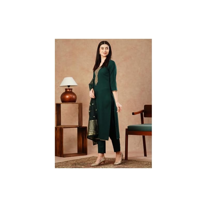 ANNI DESIGNER Женская прямая вышитая курточка из смесовой хлопковой ткани с брюками и дупаттой (Канимодзи Зеленый Зеленый Маленький)