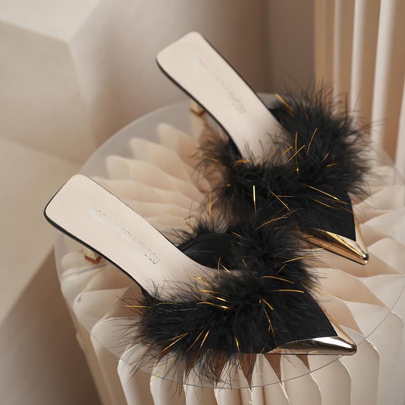 Женские теплые плюшевые туфли-мюли с острым носком и высоким каблуком, зимние, тапочки, корейский дизайн, тонкий каблук, новые шлепанцы, туфли-лодочки, zapatos mujer