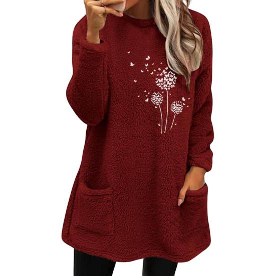 O-Neck Long Sleeves Pockets Mid-Length Winter Sweatshirt Women Loose Fit Embroidery Cat Pattern Fleece Pullover Top