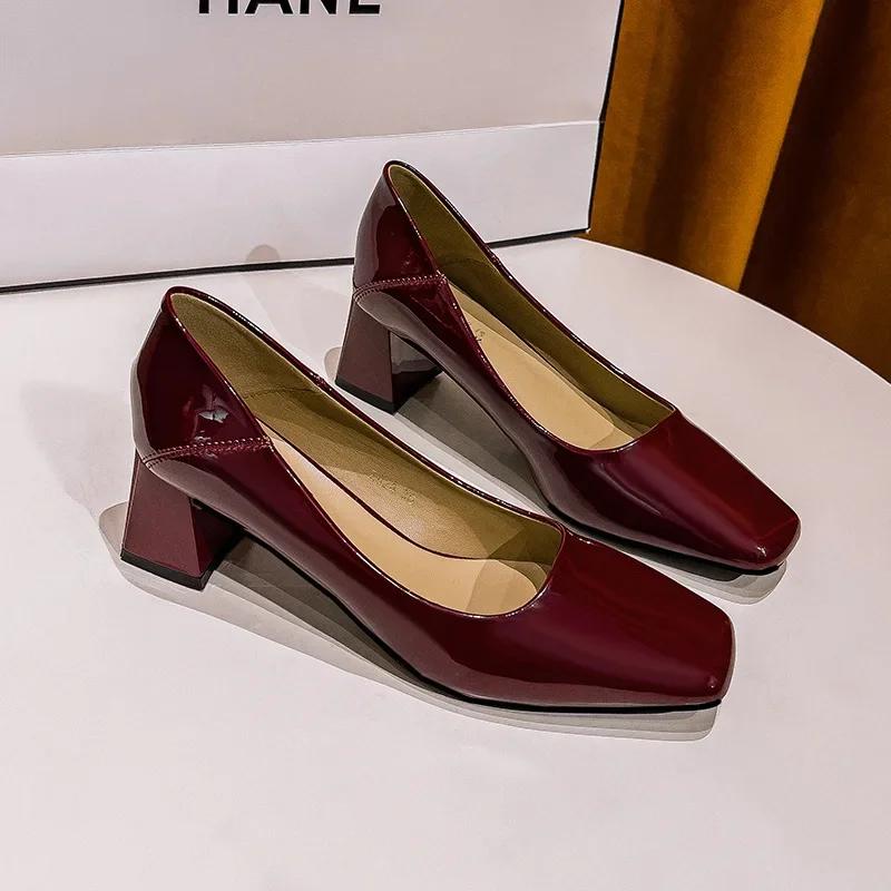 Модные туфли-лодочки из лакированной кожи на толстом каблуке с квадратным носком, весна-осень 2024, средний каблук, черные туфли на высоком каблуке, женская обувь для работы