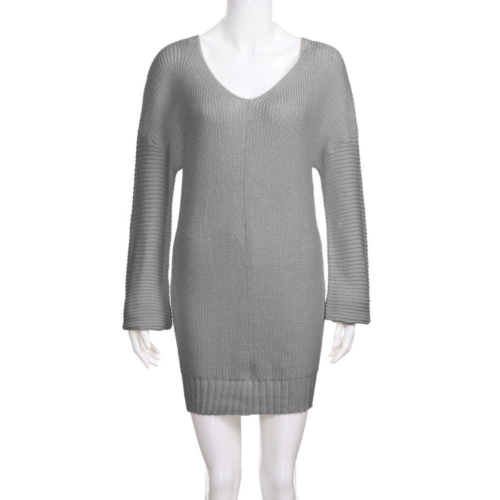 Fashion Women Casual Solid Long Sleeve Jumper V-Neck Lazy Loose Sweater Blouse