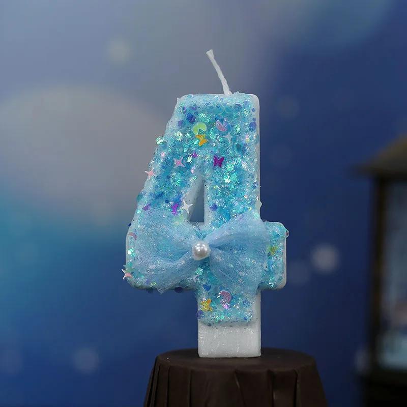 Y 3D Blue Bow Sparkling Number Candles - Birthday Cake Topper with Glitter Accents, Kawaii Party Decor for Birthdays/Weddings