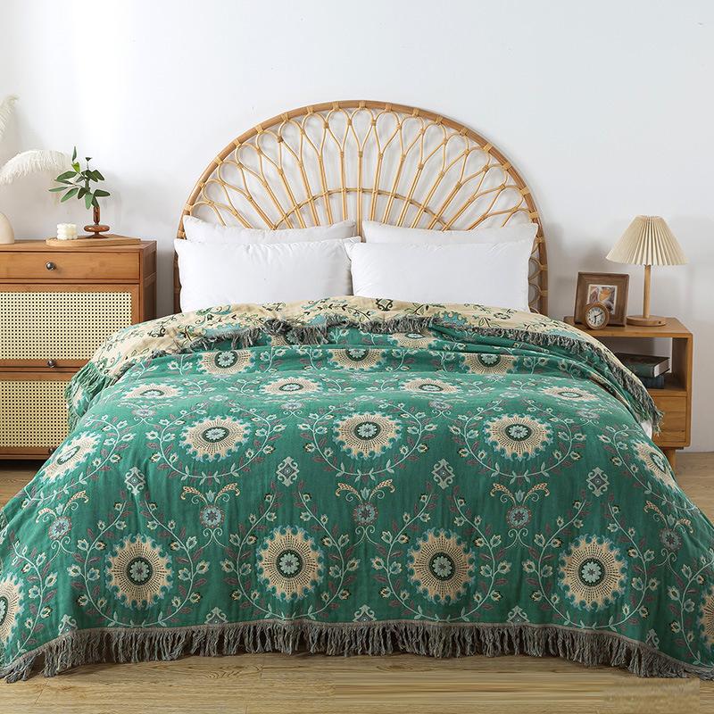 Зелено-коричневый плед, кисточка с двойным цветком, плед для дивана, двусторонний плед, чистый хлопок