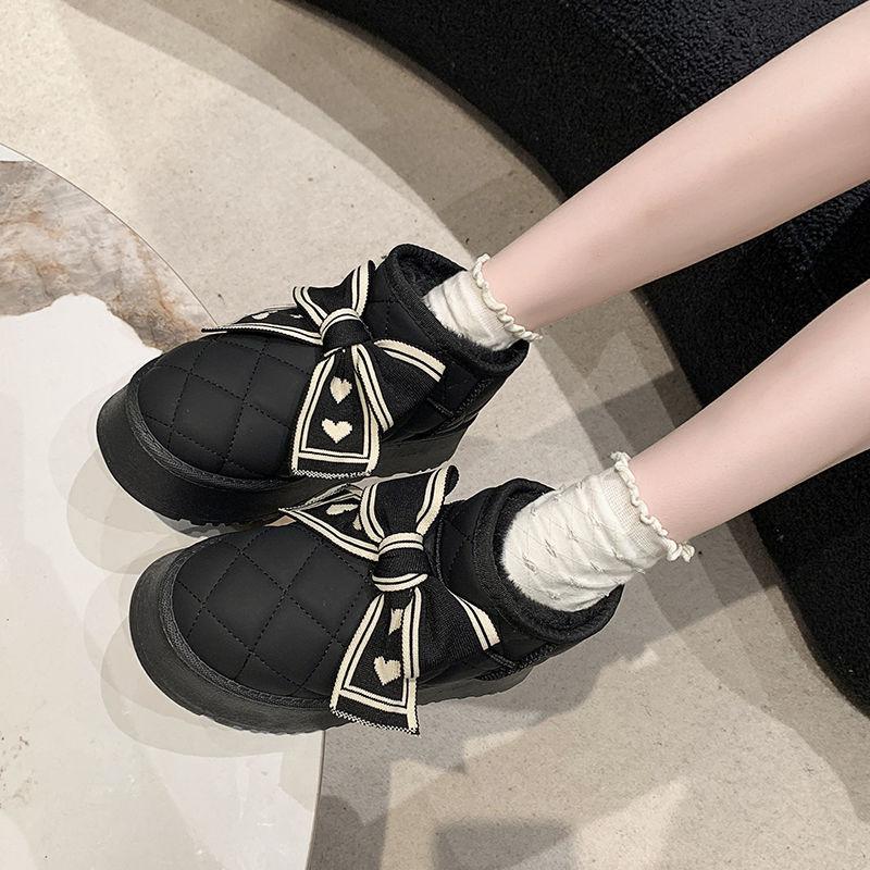 Сапоги Bow Snow Boots женские зимние бархатные утолщенные хлопковые сапоги теплые хлопковые туфли модные увеличивающие рост толстые подошвы симпатичные нескользящие сапоги
