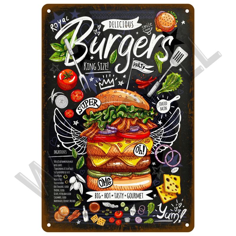 Ретро-тарелка, фаст-фуд, винтажная жестяная табличка, металлическая табличка, хот-дог, постер, домашний декор для кухни, кафе, бара, живопись