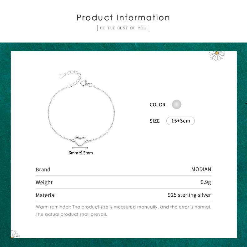MODIAN Простой браслет-цепочка из стерлингового серебра 925 пробы с сердечками для женщин, очаровательные эффектные ювелирные аксессуары