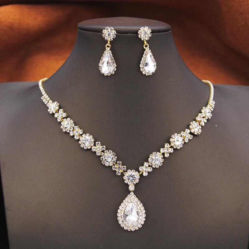Women's Rhinestone Water Drop Bridal Jewelry Set Birthday Prom Purple Choker Necklace Earrings Wedding Bride Accessory Fashion