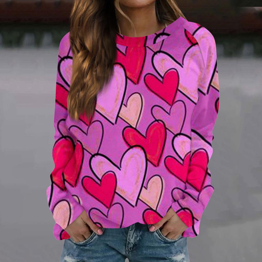 Женская модная повседневная толстовка с длинным рукавом и принтом на День святого Валентина и круглым вырезом