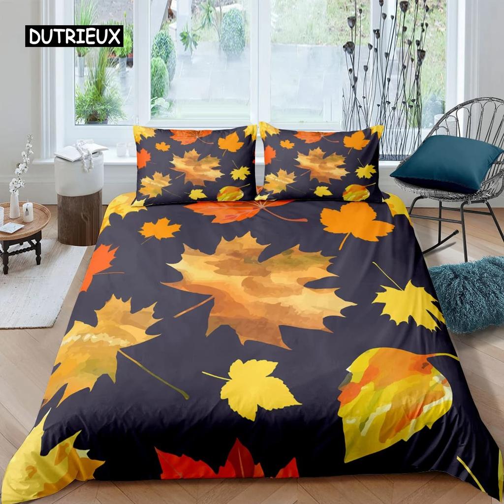 Maple Leaves Duvet Cover Set Colorful Autumn Season Maple Leaves In Unusual Designs Nature Print King Size 23pcs Bedding Set