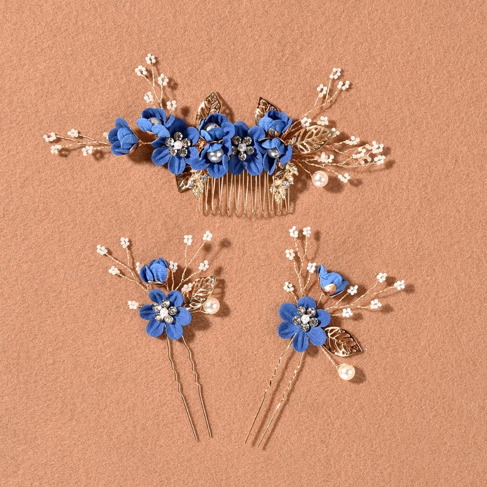 Романтическое Свадебное Украшение для Волос Невесты Листья Тиара Гребни для Волос Свадебные Заколки Синий Белый Цветок Заколка для Волос