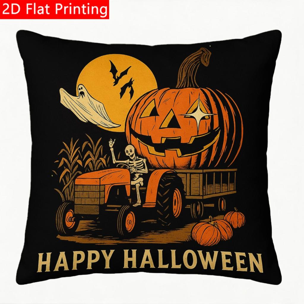 2D Flat - 1pc 2D Flat Throw Pillow Cover with Happy Halloween Skeleton Tractor Pumpkin Print Premium