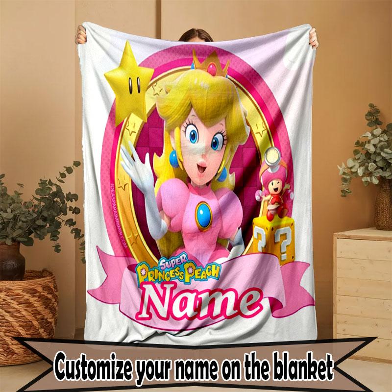 Custom Name Personalized Princess Peach Toadstool Print Blanket, Home Decor, Bedroom, Sofa, Camping, Couch, Gifts for Birthday Christmas