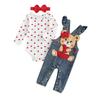 Baby Girl Valentine's Day Clothes 3M 6M 9M 12M 18M Heart Print Long Sleeve Romper with Bear Embroidery Denim Overalls Pants Headband