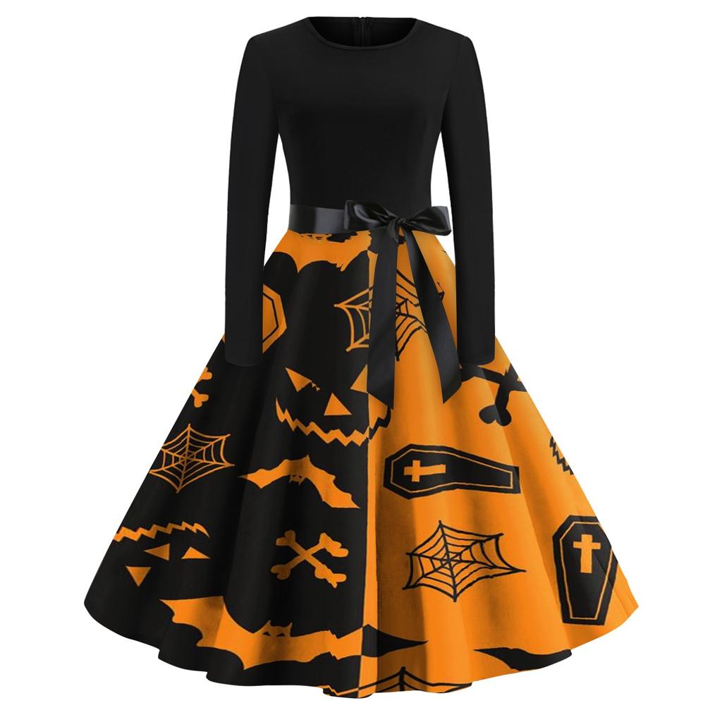 Halloween Print Flare Dress For Women Long Sleeve Dress Hollow Party Casual Dresses