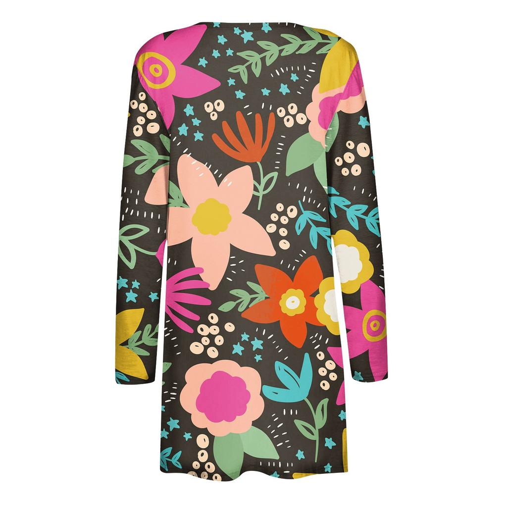 Women's Casual Fashion Floral Print Long Sleeve Mid-Length Cardigan Jacket