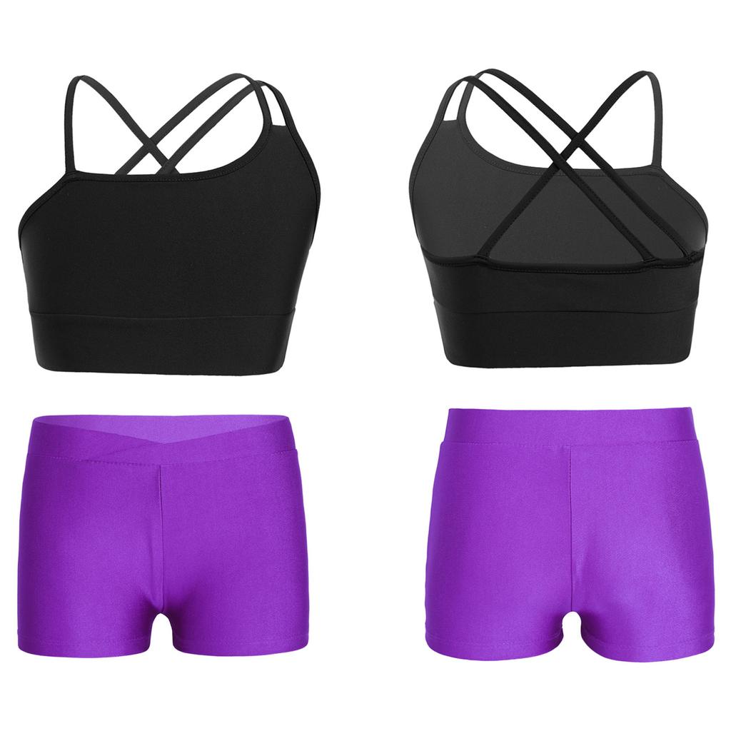Kids Girls Asymmetrical Strappy Crop Top with Shorts for Sports Gymnastic Workout