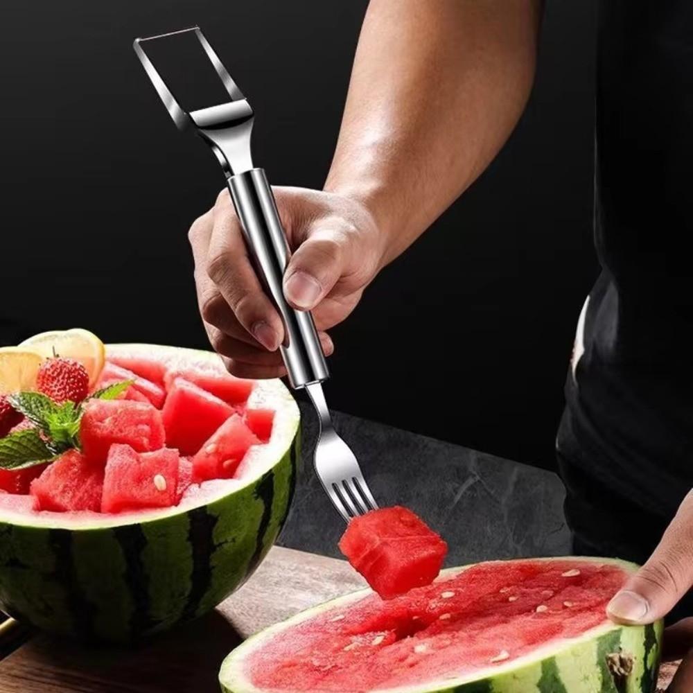 2 in 1 Watermelon Cutter Silver Stainless Steel Watermelon Fork Slicer Multi-purpose Double Head Use Fruit Slicer Kitchen