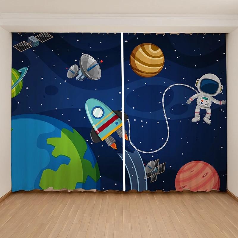 Мультяшные Милые Космические Астронавты Планеты Шторы Детская Спальня для Мальчиков Девочек Окно 2 Панели Высокое Затемнение Новый Модный Узор