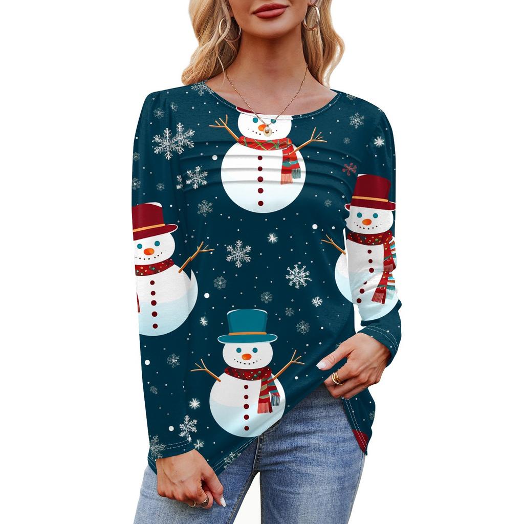 Женская футболка с круглым вырезом и длинными рукавами с принтом рождественской елки и снежинки
