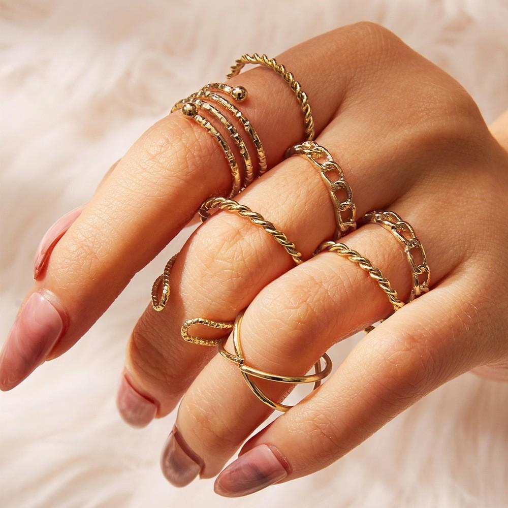 Boho Gold Color Snake Rings Set For Women Vintage Geometric Cross Heart Butterfly Rings Female Finger Rings Trendy Jewelry Gifts