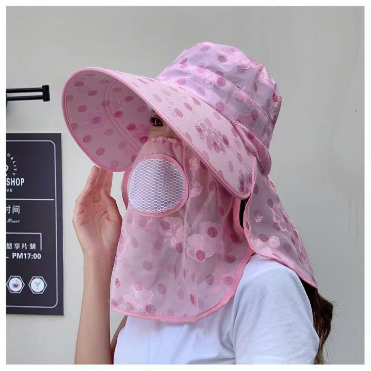 Summer sun hat women's sun protection face covering shawl hat riding face protection big eaves hat mask tea picking hat small cherry can be folded