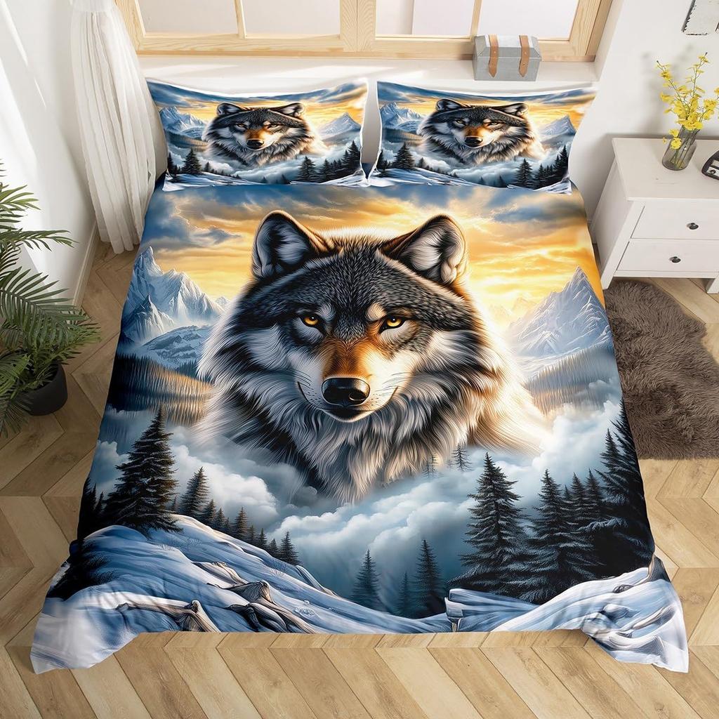 Wolf Warm Comforter Cover King Quen,Safari Animal Beding Set for Young Boys Adult Peoples Wild Wolves Soft Duvet Cover Smoky Mountain Comfortable