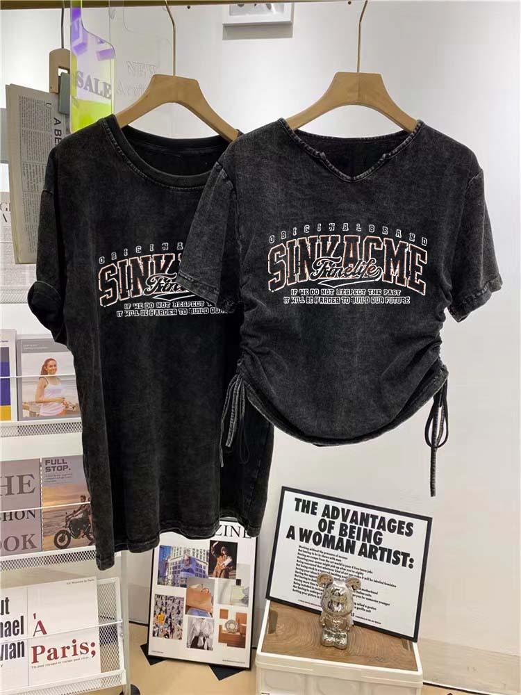 Женская футболка из чистого хлопка с коротким рукавом и принтом в стиле хай-стрит с эффектом потертости – Летняя коллекция 2025 года в национальном стиле