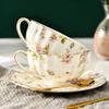 British Style Bone China Tea Cup and Saucer Set – Floral Ceramic Coffee Cup with Golden Edge and Spoon
