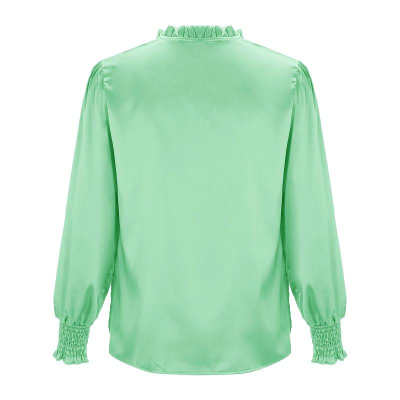 Весна Осень Элегантный Однотонный Круглый Вырез Длинный Рукав Бретель Прямой Труба Шелковый Женский Верх Блузки и Рубашки