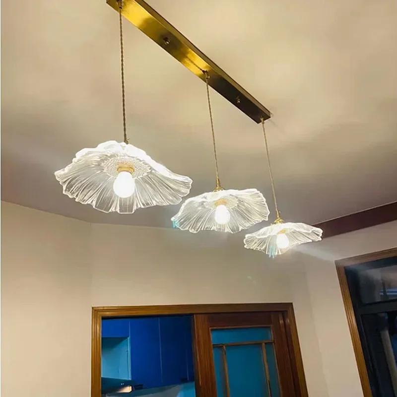 Скандинавский Простой Японский Ретро Ресторан Светильники Вход Балкон Эркер Проход Форма Листа Лотоса Люстры Полностью Медные Стеклянные