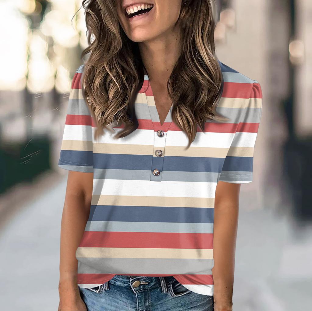 Женская модная повседневная футболка с полосатым принтом и V-образным вырезом, коротким рукавом, на пуговицах
