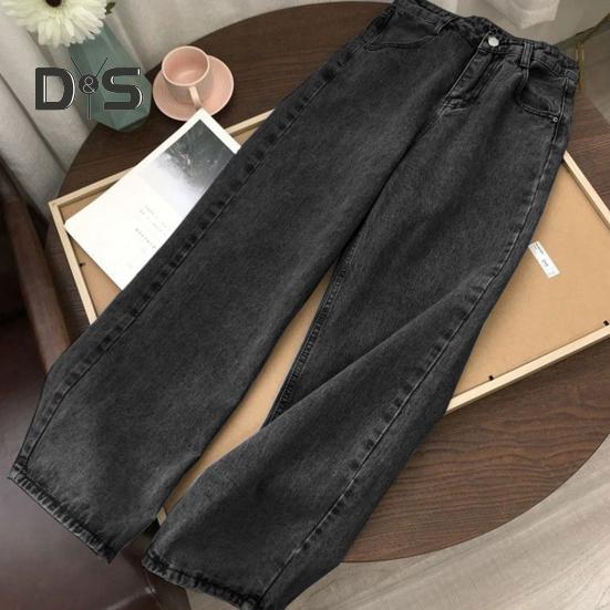 Women Jeans Straight Wide Leg High Waist Solid Color Loose Pockets Button Zipper Closure Retro Floor Length Streetwear Long Trousers