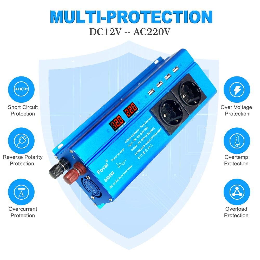 Чистая синусоида постоянного тока 12 В/24 В в переменный ток 220 В/230 В 3000 Вт с 3,1 А USB двойной ЖК-дисплей ЕС розетка солнечный инвертор