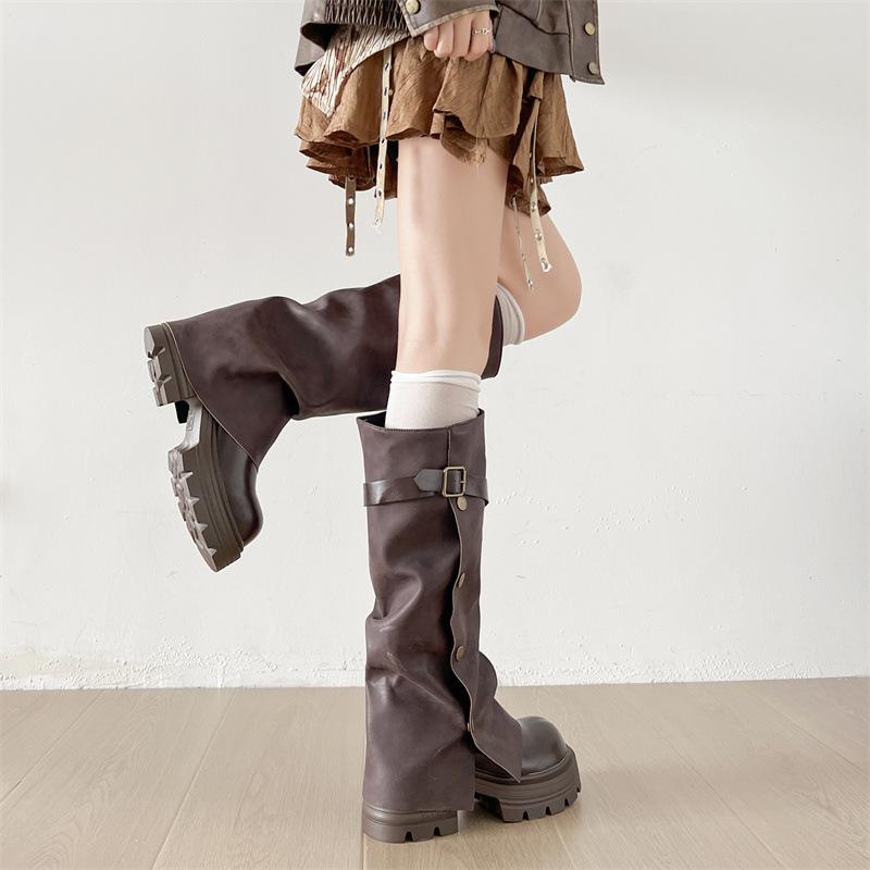 Черные ретро ботинки на толстом каблуке и платформе женская обувь 2025 новая осень британский стиль тонкие ботфорты до колена